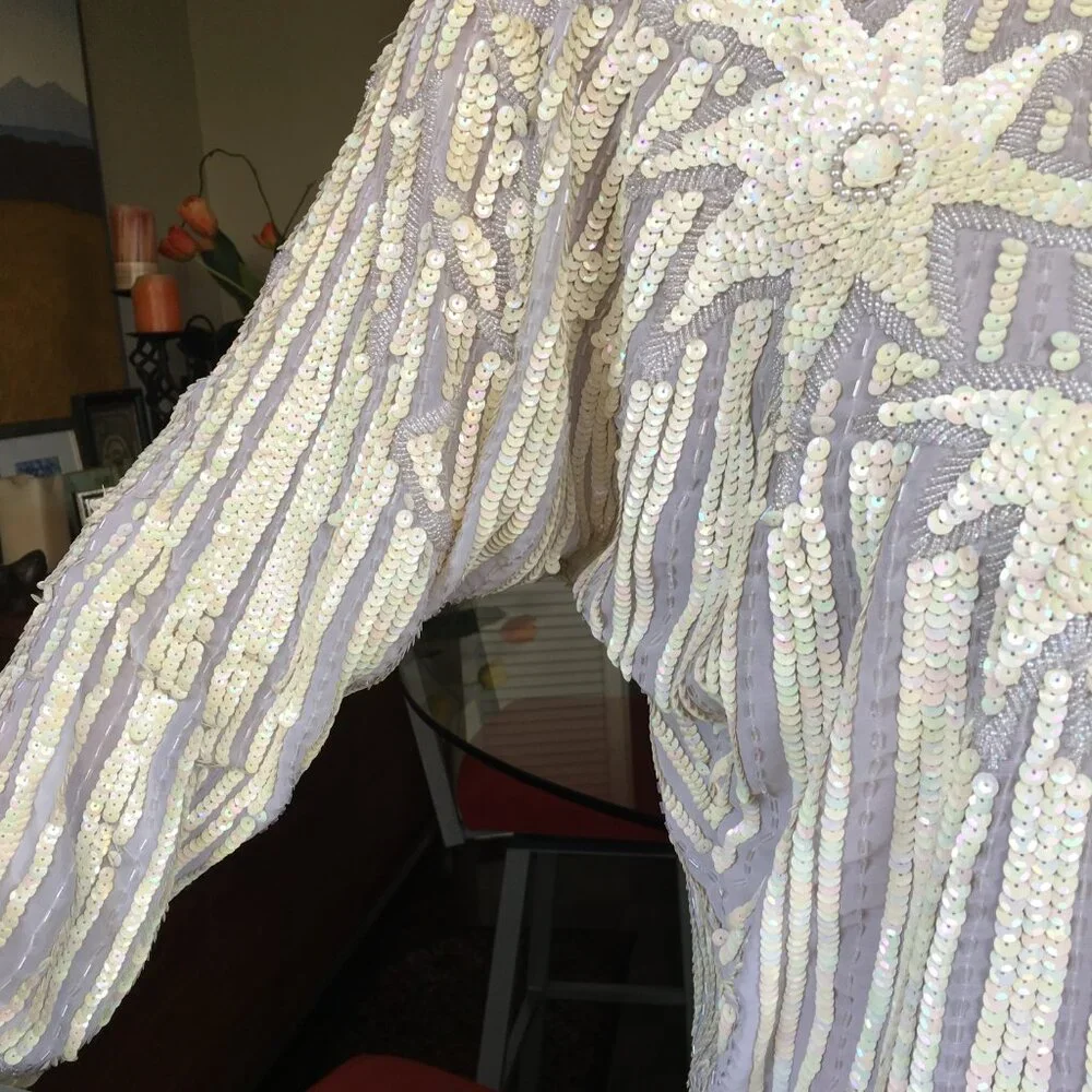 1980s Vintage Cream Sequin Chinese Silk Long Sleeve Blouse. - Picture 8 of 16